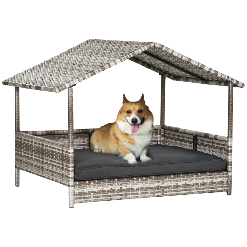 PawHut Wicker Dog House Raised Rattan Bed for Outdoor with