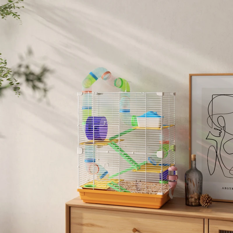 PawHut 5 Tiers Hamster Cage Portable with Exercise Wheels Play Tube Water Bottle Dishes House Ladder for Gerbils, Orange
