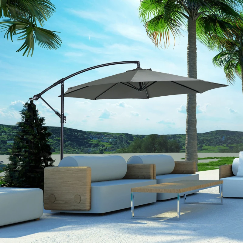 Outsunny 9.7ft Offset Patio UmbrellaCantilever Parasol with Crank Handle, 8 Ribs and Cross Base for Outdoor, Sun Shade, Cream