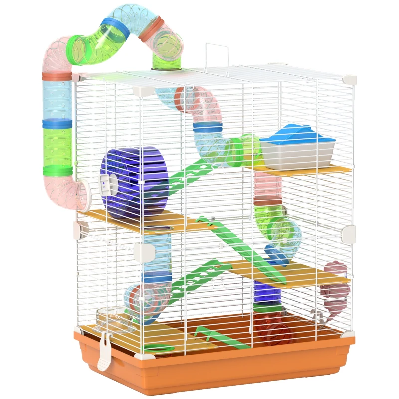 PawHut 5 Tiers Hamster Cage Portable with Exercise Wheels Play Tube Water Bottle Dishes House Ladder for Gerbils, Orange