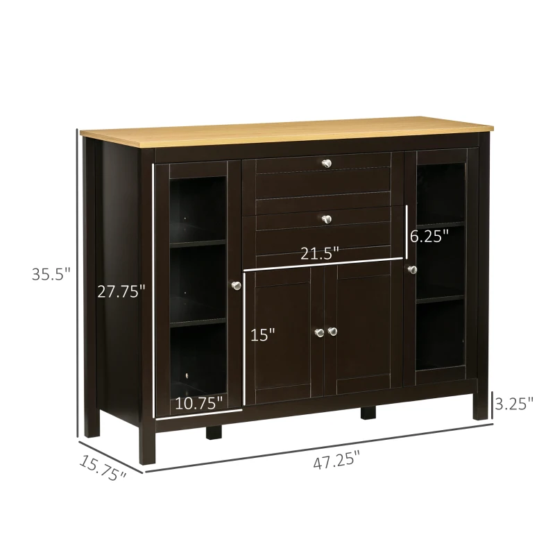 HOMCOM Buffet Cabinet Sideboard with 2 Drawers, 3 Storage Cabinets, Glass Doors and Adjustable Shelves, Dark Brown
