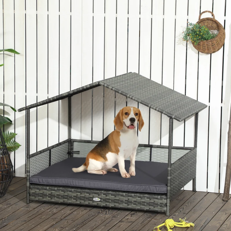 PawHut Outdoor Dog Bed with Canopy, Rattan Dog Bed with Soft Cushion Removable Cover for Medium and Large Dogs, Dark Gray