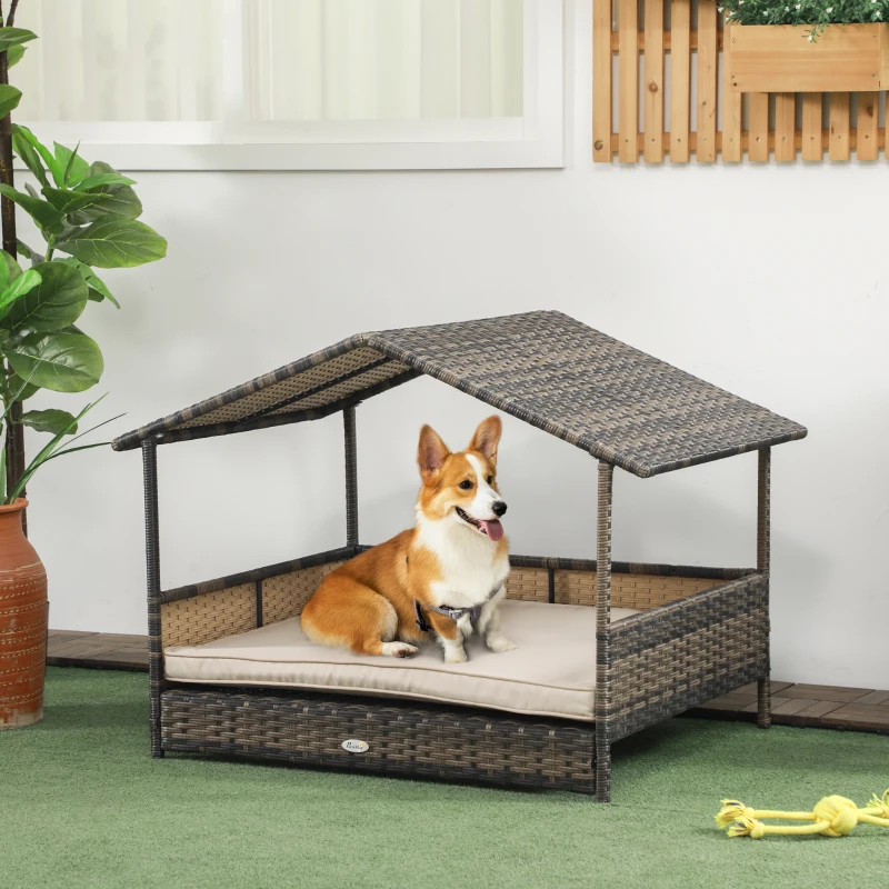 PawHut Wicker Dog House with Removable Cushion Lounge, Khaki