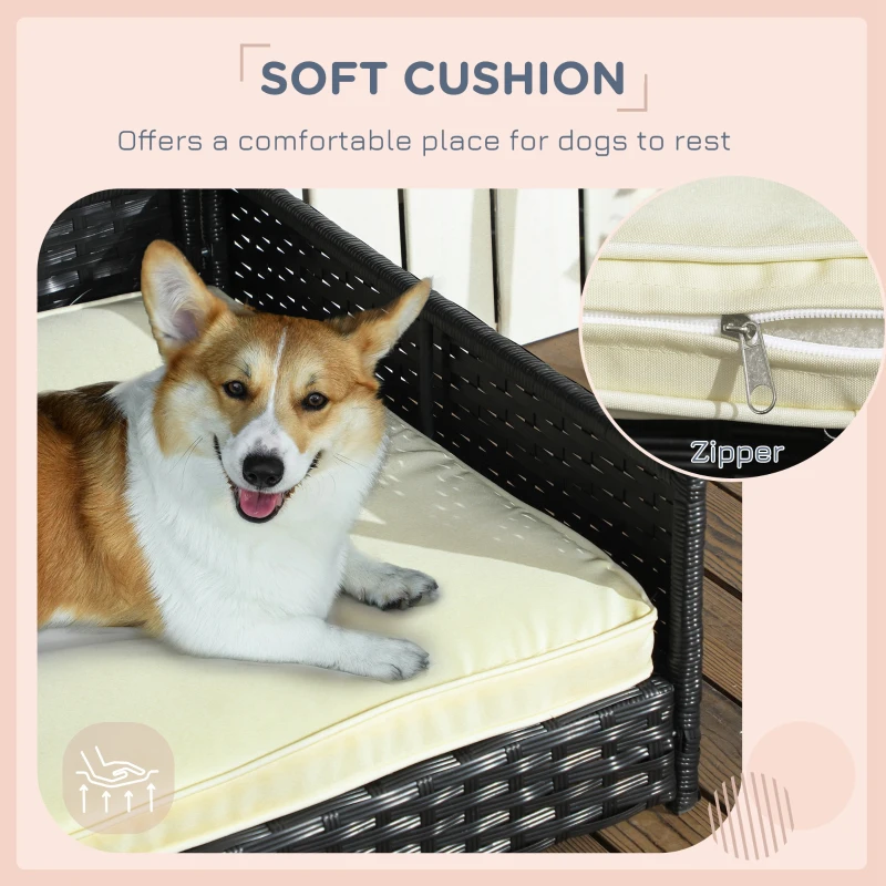 PawHut Wicker Dog House with Removable Cushion Lounge, Cream White