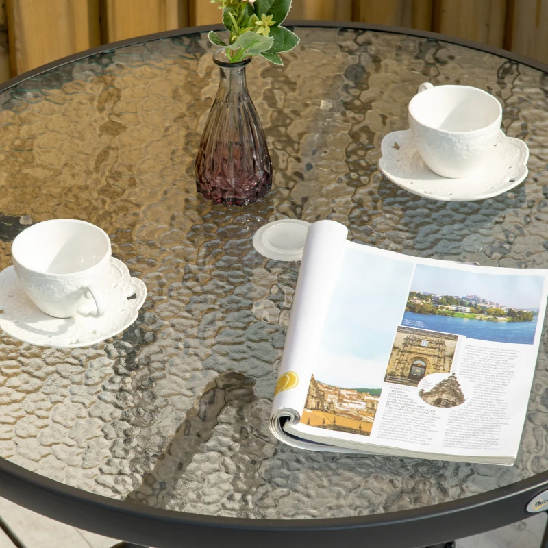 Outsunny 31.5" Round Outdoor Dining Table Coffee Side Bistro Table with Umbrella Hole, Glass Top, Steel Frame for Garden, Patio