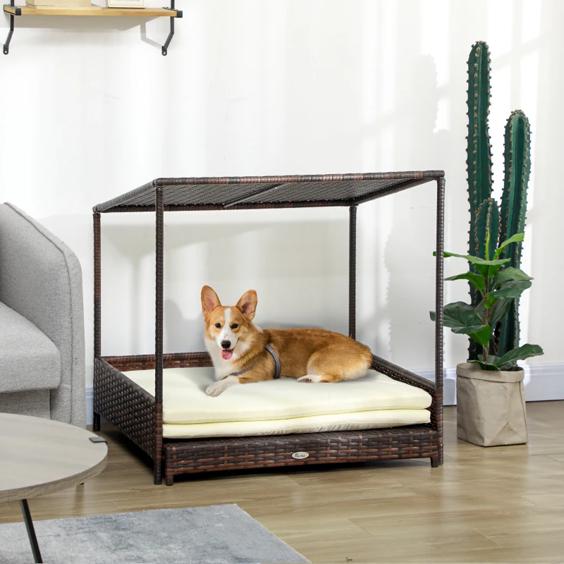 PawHut Outdoor Dog Bed, Extendable Wicker Dog Bed with Roof, Soft Cushion for Small and Medium Dogs, Mixed-Brown
