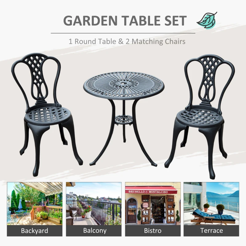 Outsunny 3 Pieces Antique Outdoor Bistro Set Cast Aluminum Patio Table and Chairs with Umbrella Hole, Black