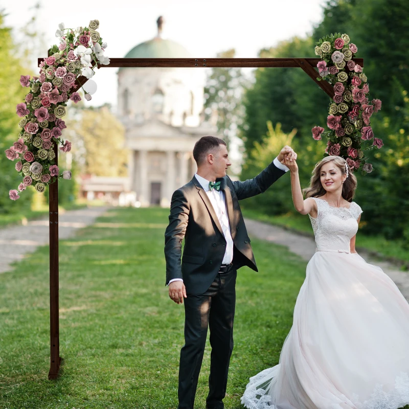 Outsunny 7FT Rectangular Wooden Wedding Arch with Triangular Base, Ground Stakes for Ceremony, Garden, Birthday, Dark Brown