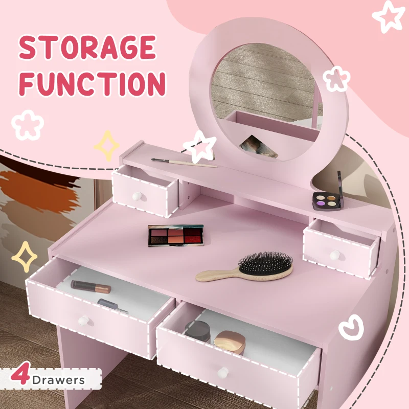 Qaba Kids Vanity Set, Children Makeup Table with Mirror, Stool and Storage Drawers, for Ages 3-8, Pink