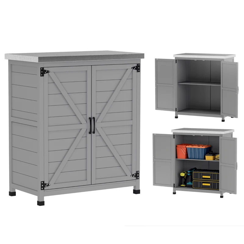 Outsunny Garden Storage Cabinet, Outdoor Potting Bench Table with Metal Tabletop, Shelf and Double Doors, Grey