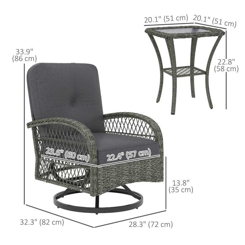 Outsunny Wicker Balcony Furniture with 2 Swivel Rocking Chairs and 2-Tier Glass Coffee Table, 3 Piece Patio Set for Porch, Grey