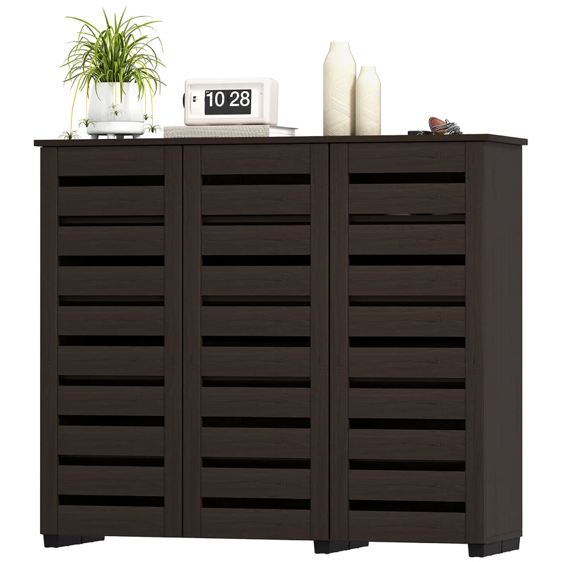 HOMCOM Narrow Shoe Cabinet with Slatted Doors, Adjustable Shelves for 20 Pairs of Shoes, Shoe Cabinet for Entryway, Dark Brown