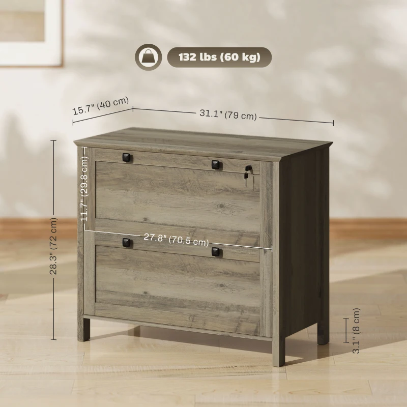 HOMCOM 2 Drawer File Cabinet, Lockable Filing Cabinet with Adjustable Hanging Bar for Letter, A4 Size, Weathered Grey Oak