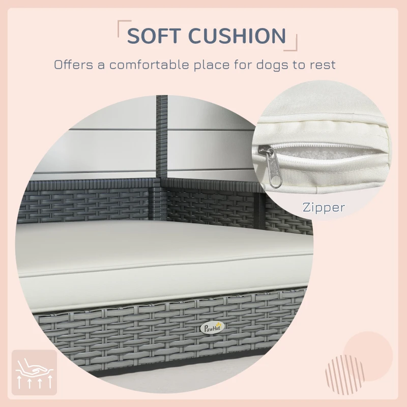 PawHut Wicker Dog House Outdoor with Canopy, Rattan Dog Bed with Water-resistant Cushion, Raised Pet Bed for Small, Medium Breeds up to 66 lbs, 20" in Length, Silver Wicker, White Cushion