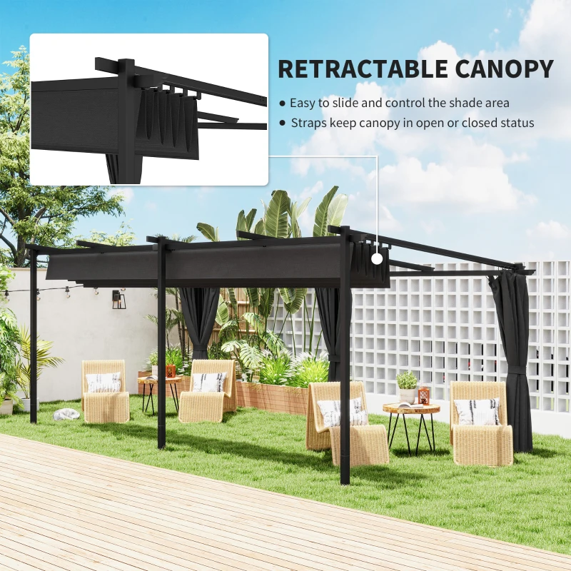 Outsunny 10' x 20' Metal Retractable Pergola Canopy with Sidewalls, Outdoor Gazebo UPF30+ Sun Shade Shelter for Garden, Deck