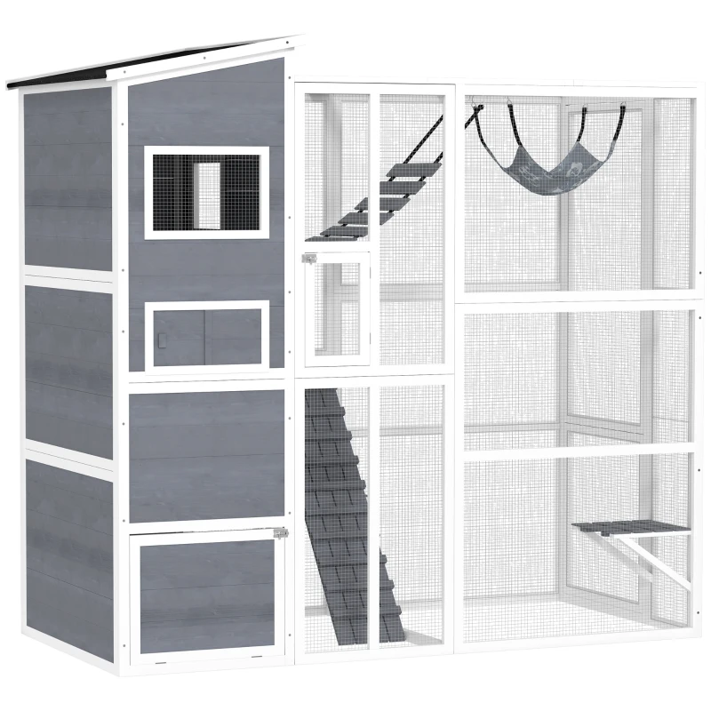 PawHut 76" Catio Outdoor Cat Enclosure with Cat Condo, Jumping Platforms, Ladder, Ramps, Hammock for 2-3 Indoor Cats, Grey