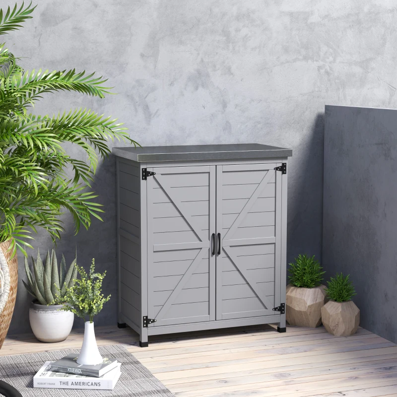 Outsunny Wooden Storage Cabinet, Outdoor Prep Table with Metal Tabletop, Shelves and Double Doors for Patio, Garden, Gray