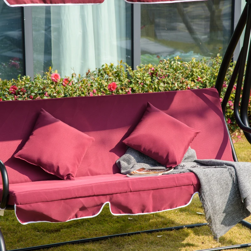 Outsunny 3-Seat Outdoor Patio Swing Chair, Converting Flatbed, Outdoor Swing Glider with Adjustable Canopy, Removable Cushion and Pillows, for Porch, Garden, Poolside, Backyard, Red