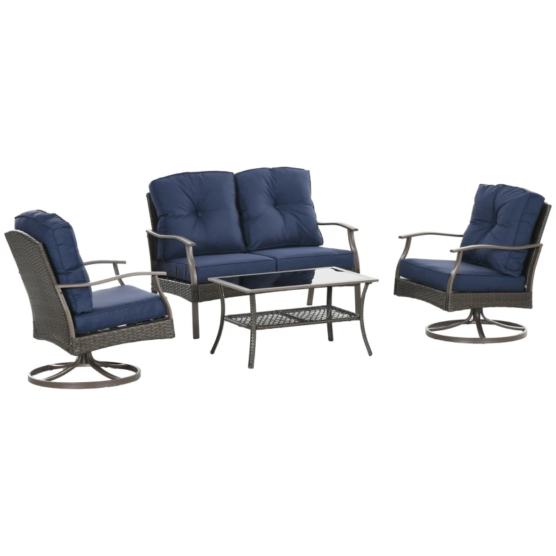 Outsunny 4 PCS Patio PE Rattan Wicker Sofa Set Outdoor Conversation Furniture w/ Two Tier Tea Table & Cushions, Navy Blue