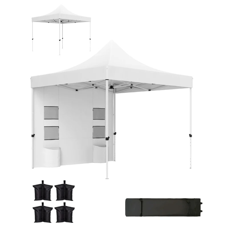 Outsunny 10' x 10' Heavy Duty Pop Up Canopy Tent w/ Sidewall, UPF50+ Instant Sun Shelter w/ Storage Pockets, Wheeled Bag, White