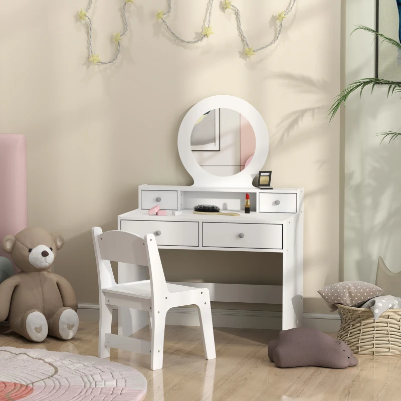 Qaba Kids Vanity Set, Children Makeup Table with Mirror, Stool and Storage Drawers, for Ages 3-8, White