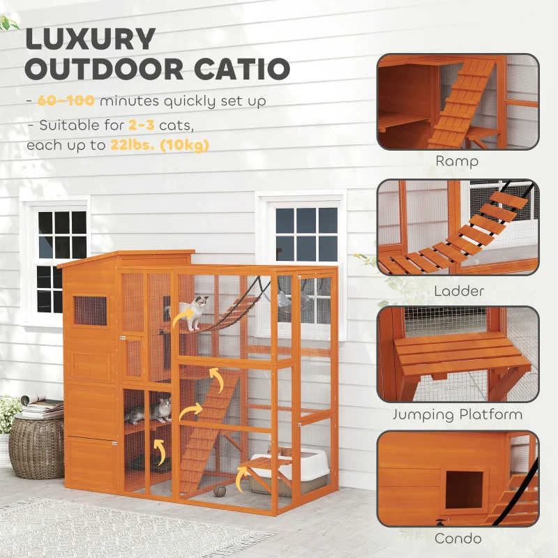 PawHut 76" Catio Outdoor Cat Enclosure with Cat Condo, Jumping Platforms, Ladder, Ramps, Hammock for 2-3 Indoor Cats, Orange