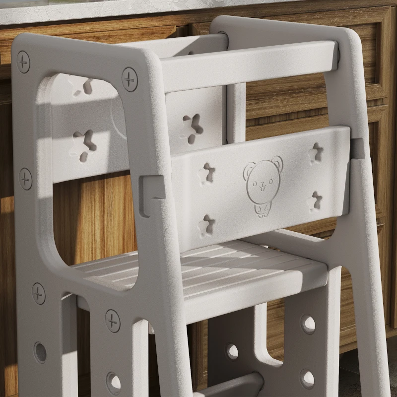 Qaba Toddler Kitchen Helper 2 Step Stool with Adjustable Height Platform and Safety Rail, Grey