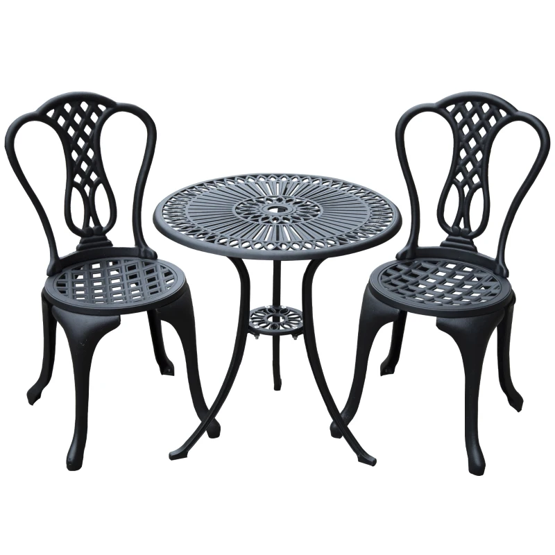 Outsunny 3 Pieces Antique Outdoor Bistro Set Cast Aluminum Patio Table and Chairs with Umbrella Hole, Black