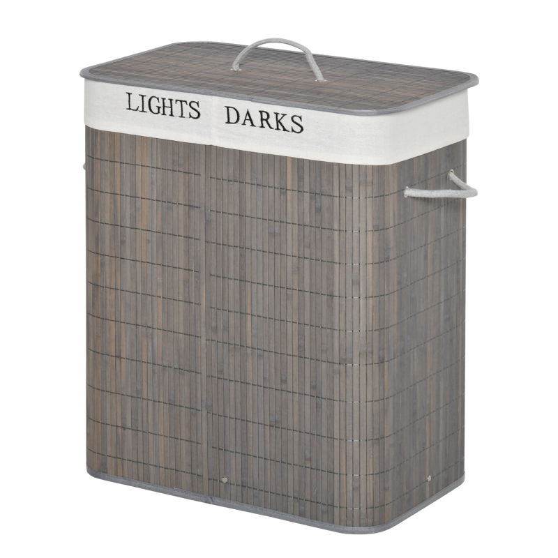 HOMCOM Bamboo Laundry Basket with Lid and String Handles, Collapsible Laundry Hamper with 2 Removable Bags, Gray