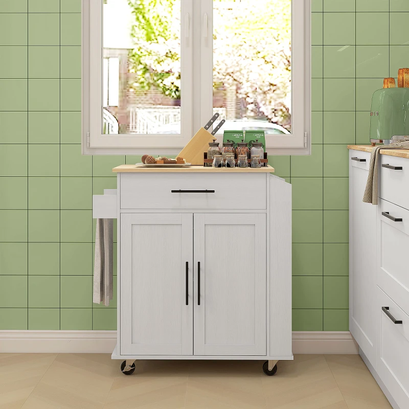 HOMCOM Rolling Island with Wheels for Kitchen, Kitchen Island on Rollers with Power Outlets, Drawer, and Doors, White