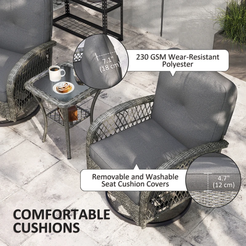 Outsunny Wicker Balcony Furniture with 2 Swivel Rocking Chairs and 2-Tier Glass Coffee Table, 3 Piece Patio Set for Porch, Grey