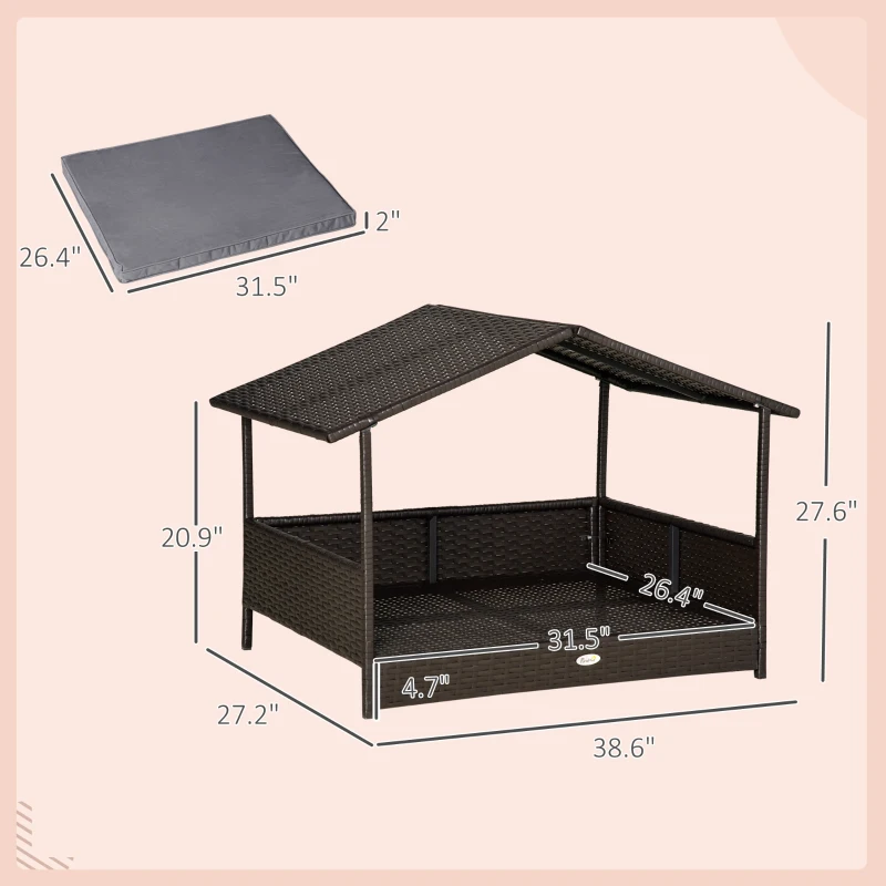 PawHut Wicker Dog House Outdoor with Canopy, Rattan Dog Bed with Water-resistant Cushion, Raised Pet Bed for Small, Medium Breeds up to 66 lbs, 20" in Length, Brown Wicker, Gray Cushion