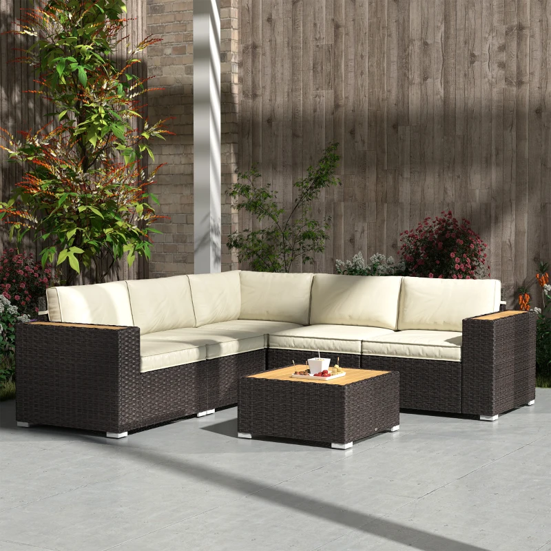 Outsunny 6 Pieces Outdoor Rattan Patio Furniture Set with Corner Sofa, Wood-Plastic Coffee Table, Light Khaki