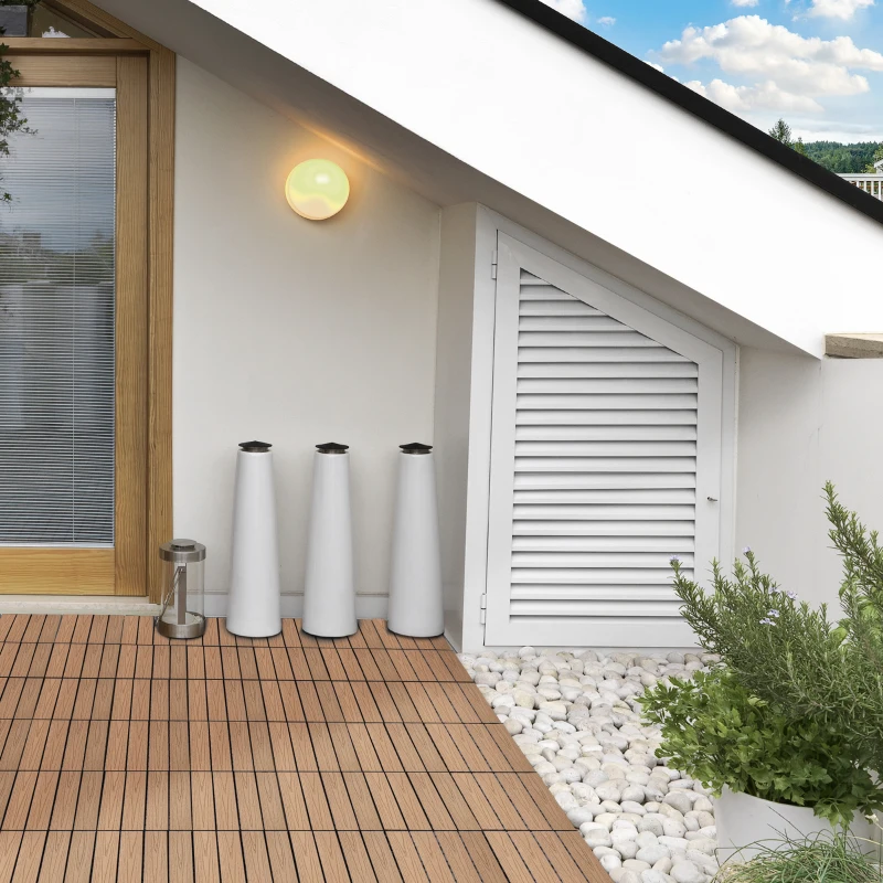 Outsunny Interlocking Deck Tiles, Pack of 11 Outdoor Flooring Patio Tiles, 12" x 12", All Weather for Porch, Balcony, Backyard for a New Classic Look, Teak