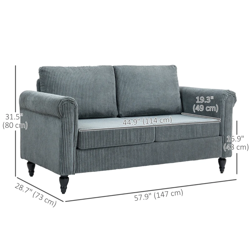 HOMCOM Vintage Loveseat, Upholstered Love Seat Furniture, Fabric 2 Seater Sofa with Rolled Arms, Rubber Wood Legs, Grey