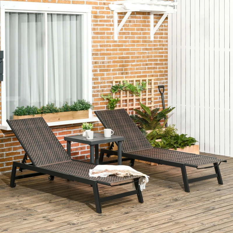 Outsunny 2 Pieces Patio Lounger Chair Set, Outdoor Aluminum Frame PE Rattan Wicker Sun Lounger Set w/ 5-Position Backrest and Wheels for Sun Room, Garden, Poolside, Dark Brown