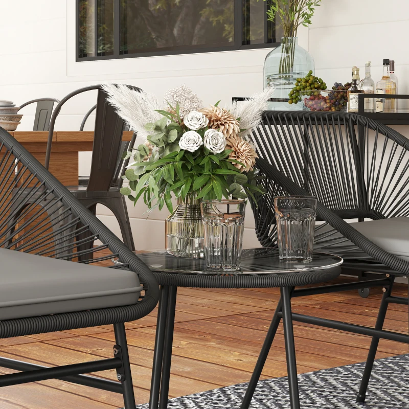 Outsunny 3 Piece Bistro Set, Wicker Outdoor Patio Furniture Set with Glass Top Table, Cushions for Balcony, Porch, Black