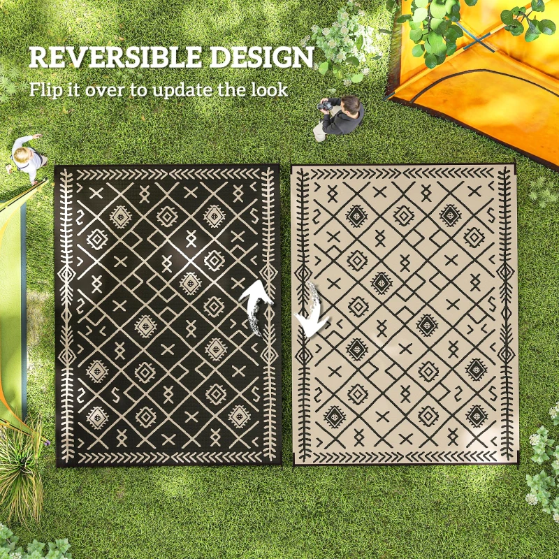 Outsunny Reversible Outdoor Rug, Waterproof Plastic Straw with Carry Bag, 9' x 12', Black & Beige Rhombus