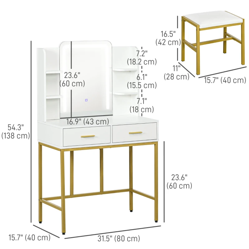 HOMCOM Makeup Vanity Table Set with 3 Colour LED Lighting Mirror, Stool, Drawers, Shelves, Dressing Table for Bedroom, White