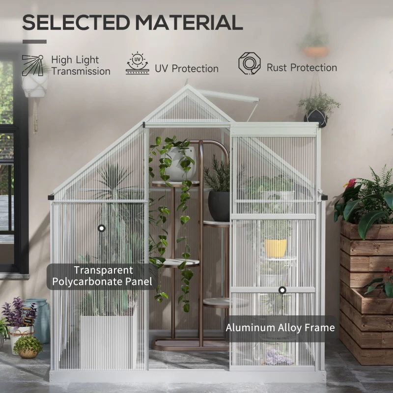 Outsunny 6' x 6' Walk-In Greenhouse, Polycarbonate Greenhouse with Sliding Door, Window, Aluminium Frame, Foundation, Silver