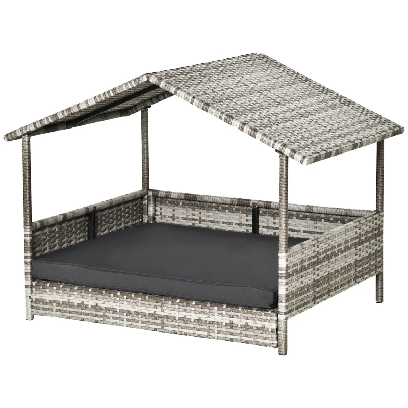 PawHut Wicker Dog House Elevated Raised Rattan Bed with Removable Cushion Lounge, Charcoal Gray