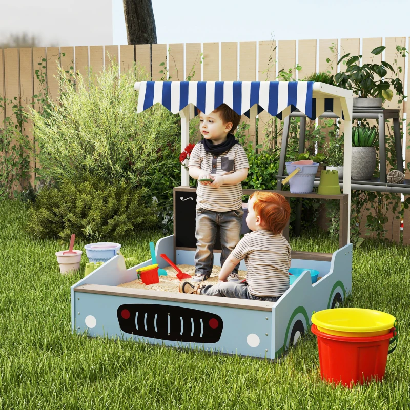 Qaba Kids Wooden Sandbox with Canopy with Bench Seats, Bottom Liner, Drawing Board, Planting Boxes for Backyard, Garden, Blue
