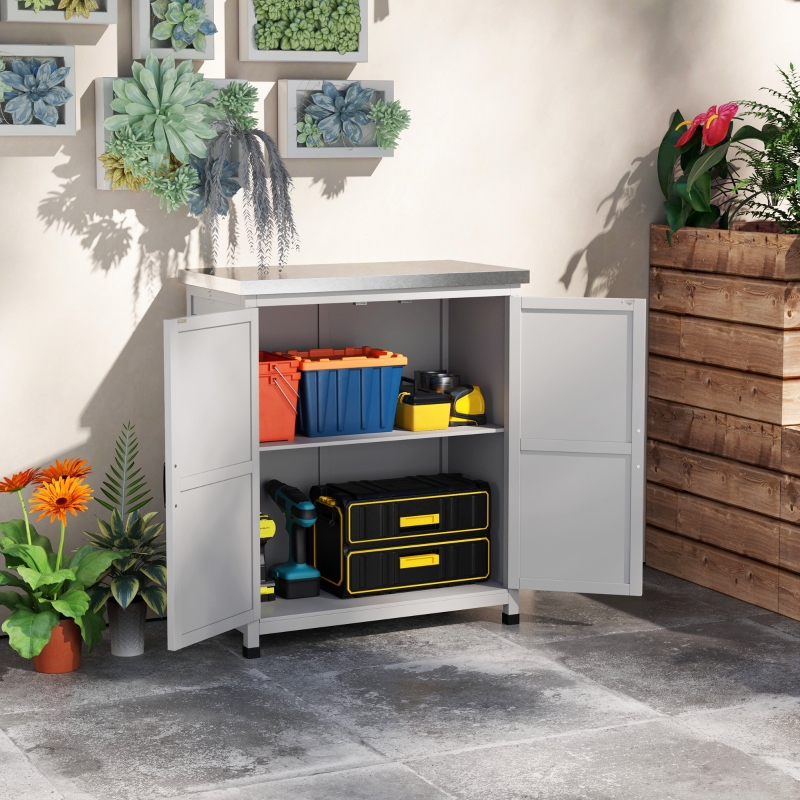 Outsunny Garden Storage Cabinet, Outdoor Potting Bench Table with Metal Tabletop, Shelf and Double Doors, Grey