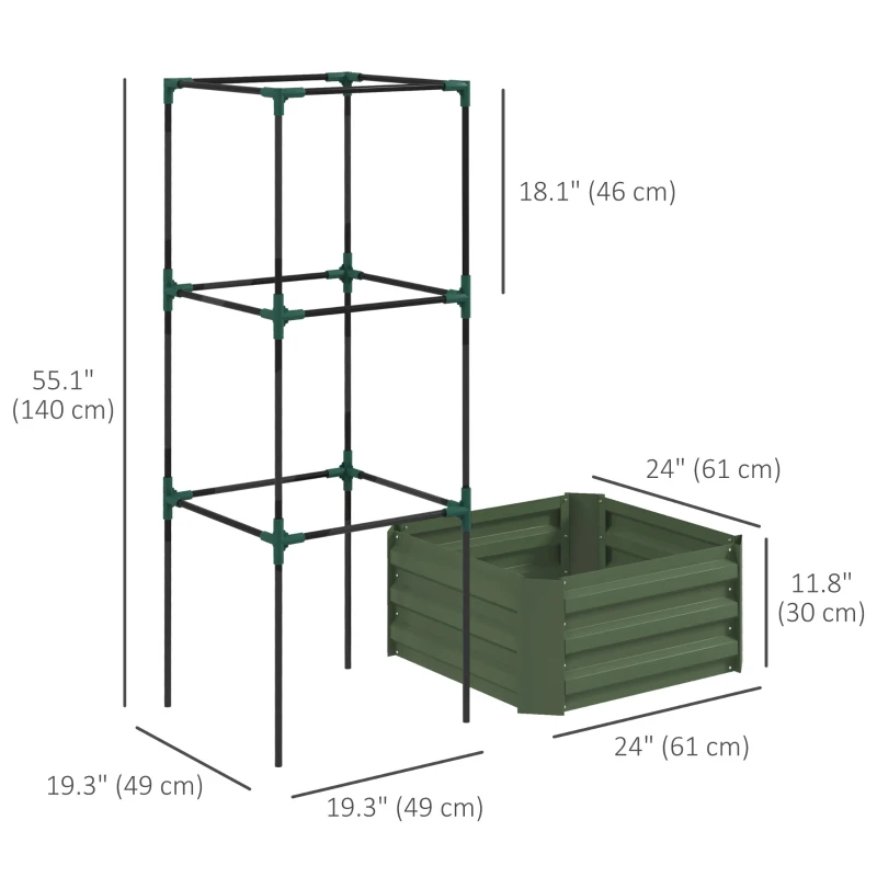 Outsunny Galvanized Planter Box, Outdoor Raised Garden Bed with 3-Tier Trellis Tomato Cage for Climbing Vines, Vegetables, Green