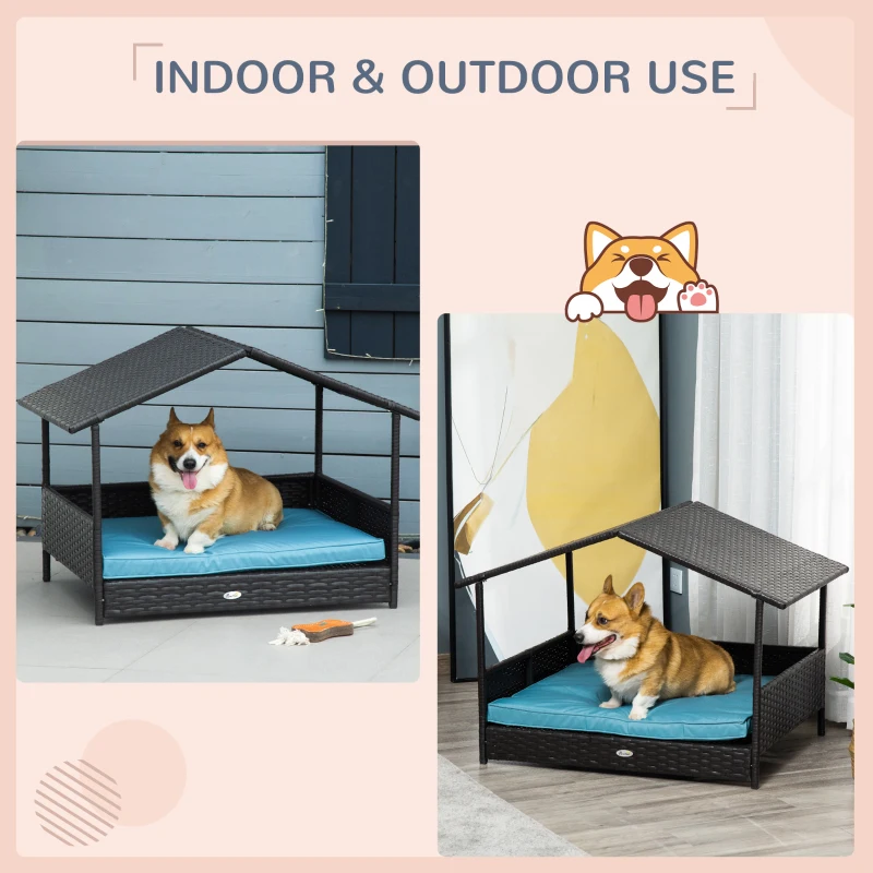 PawHut Wicker Dog House Outdoor with Canopy, Rattan Dog Bed with Water-resistant Cushion, Raised Pet Bed for Small, Medium Breeds up to 66 lbs, 20" in Length, Brown Wicker, Blue Cushion