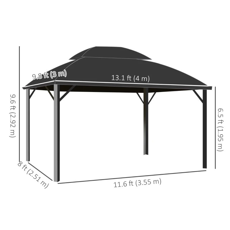 Outsunny 13' x 10' Patio Gazebo, Double Roof Outdoor Gazebo Canopy Shelter with Curtains and Aluminium Frame for Garden, Black