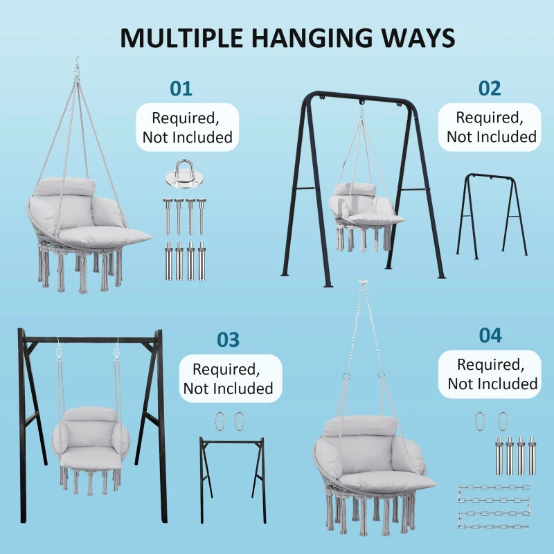 Outsunny Hammock Swing Chair, Macrame Hanging Chair with Large Cushion, Chain, Steel Frame for Indoor Outdoor Use, Gray