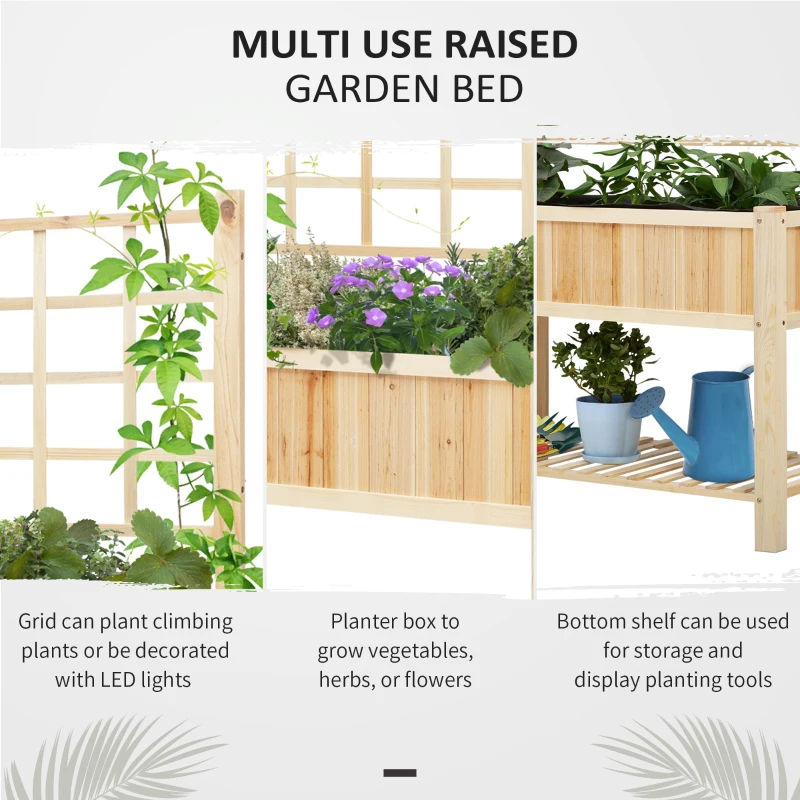 Outsunny 47'' Wooden Raised Garden Bed with Trellis, Coutryside Style Elevated Planter Box Stand with Open Storage Shelf, Spacious Planting Area for Vegetables, Herbs, Flowers