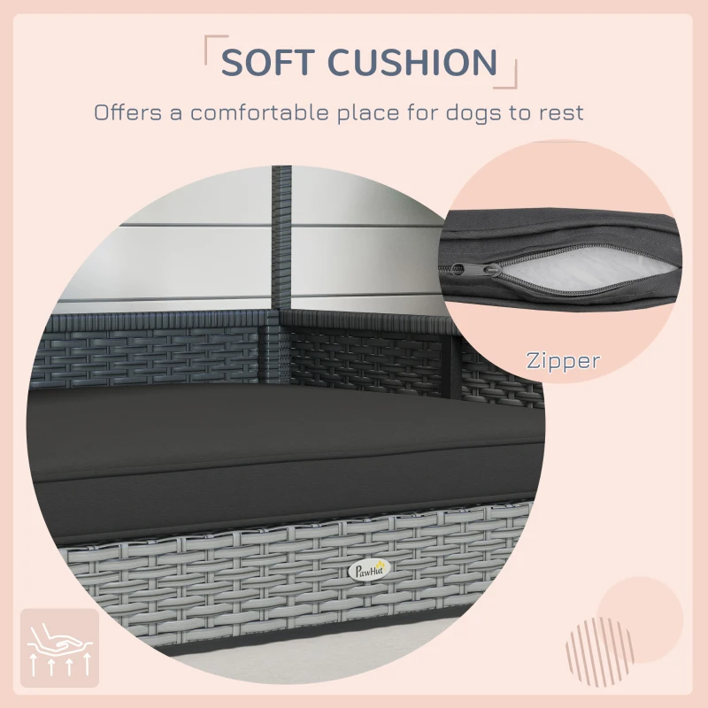 PawHut Wicker Dog House Outdoor with Canopy, Rattan Dog Bed with Water-resistant Cushion, Raised Pet Bed for Small, Medium Breeds up to 66 lbs, 20" in Length, Silver Wicker, Gray Cushion