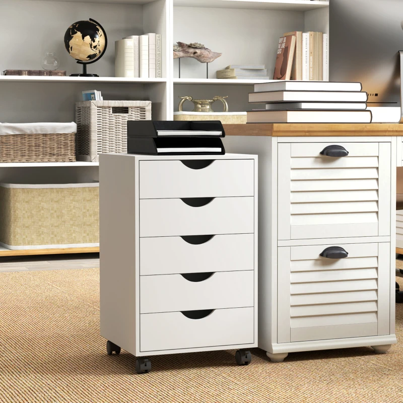 HOMCOM File Cabinet with 5 Drawer Wheels, 15.7" x 15.7" x 26.4", White